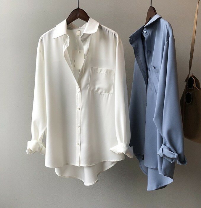 Camisa francesa feminina primavera outono 2020, camisa coreana de cor sólida simples com manga comprida lapela plus size