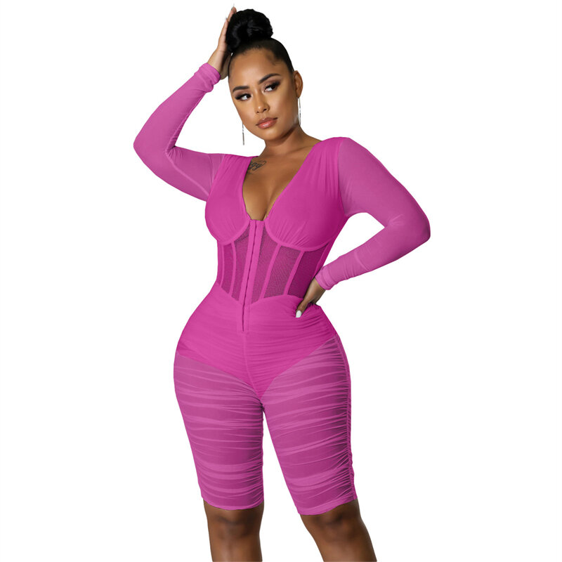 Adogirl Solid Pleated Sheer Mesh Corset Jumpsuits for Women Sexy V Neck Long Sleeve Skinny Playsuits Slim Night Club Overalls