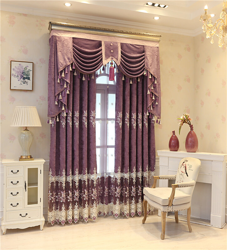 Cortinas de gasa para sala de estar, visillo elegante con bordado púrpura clásico europeo, para dormitorio y cocina, de alta calidad