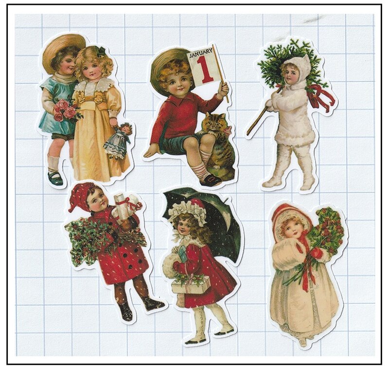 18Pcs Vintage British Children's Characters Christmas Scrapbook Stickers Holiday Gift Wrapping Album Diary Decorative Stickers