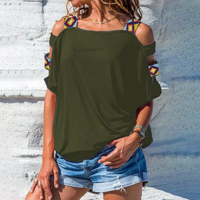 Women Blouse New 2022 Casual Solid Color Thin Breathable Hollow Women T-shirt Short Sleeve Cold Shoulder Tee Top Female Clothing
