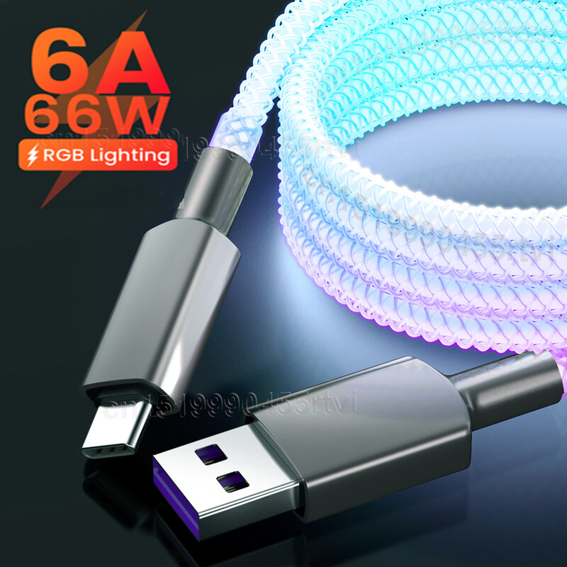 Flow Luminous Lighting-Cable USB tipo C para móvil, cargador de datos LED, 6A, 66W, para Huawei Mate 40 Pro, 5A, Xiaomi, Samsung, 1M