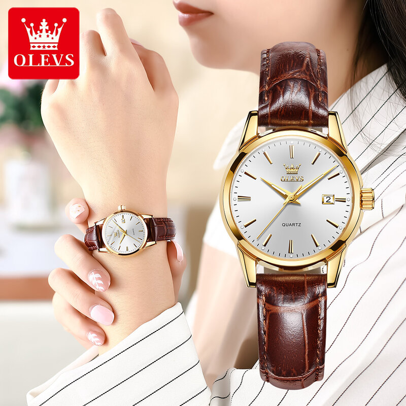 OLEVS Fashion Quartz Watches for Women PU Strap Super-thin Waterproof Women Wristwatch Luminous Calendar