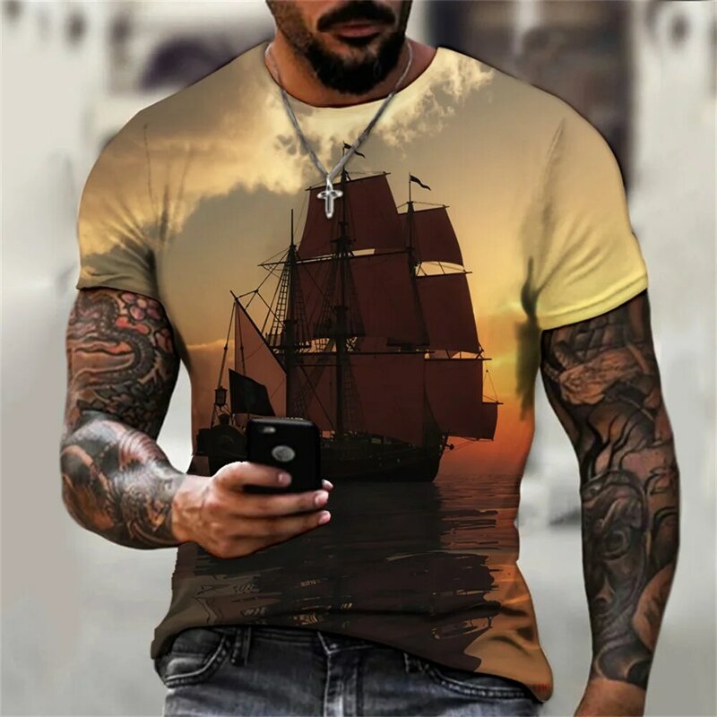 T-shirt manches courtes col ras du cou pour Homme, surdimensionné, Vintage, avec bateau Pirate imprimé en 3D