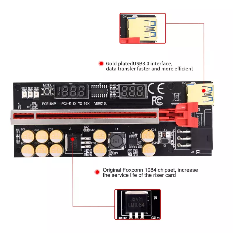 TISHRIC – Riser 016 VER016 PCI-E PCI E carte Express, tension de température GPU 1X X16 6 broches USB