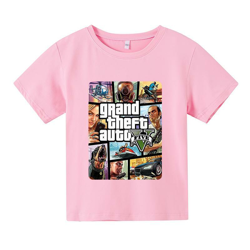 2021 grande roubo jogo de automóvel gta 5 criança verão algodão topos camisetas para meninas meninos crianças outwear roupas da criança 4-16