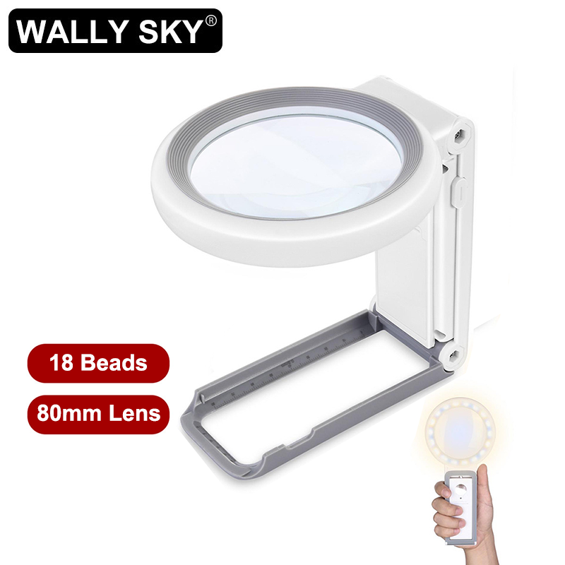 Desktop LED Magnifier 18 Lamp Bead Optical Glass Lens Magnifying Glass Handheld Stand Two in One High Power Lens