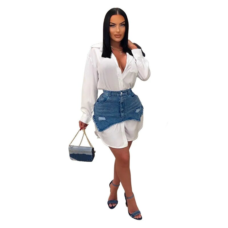Женский Повседневный костюм с юбкой, комплект из двух предметов, рубашка и джинсовое платье в уличном стиле, летний комплект из двух предметов