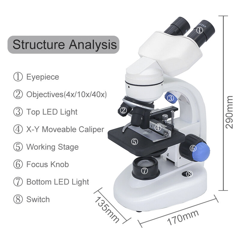 Microscopio biológico Binocular 40-2000X, luces LED superiores/inferiores, enfoque fino y grueso, cámara USB de 2.0MP opcional, diapositivas de 100 piezas