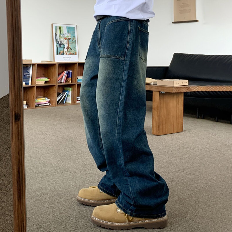 Celana Denim Longgar Lurus Vintage Jeans Pria Celana Panjang Celana Kaki Lebar Mode Gaya Amerika Pakaian Jalanan Mode Retro Kasual Longgar