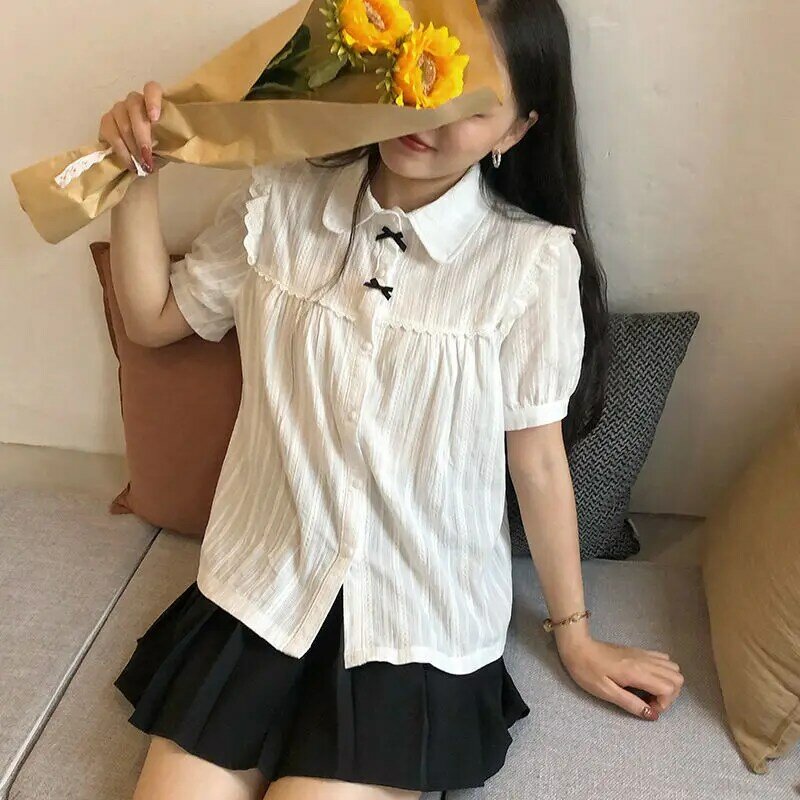 Deeptown Kawaii biała bluzka kobiety Lolita koronki rocznika koszule z krótkim rękawem kobiet miękka dziewczyna japoński słodki styl słodkie topy Mujer