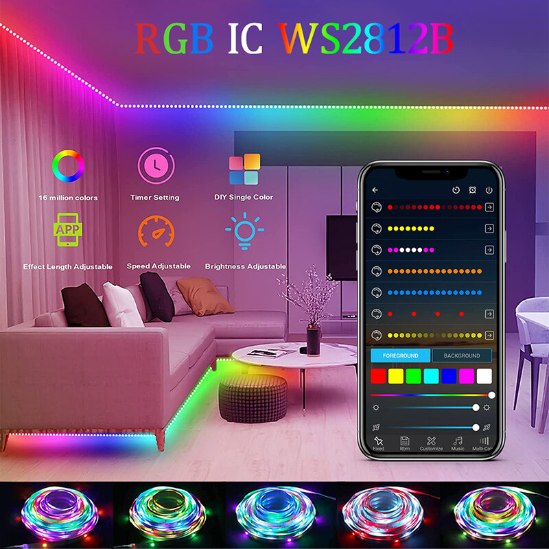 Bluetooth LED Strip Light USB RGBIC WS2812b 20M 30M 5V RGB SMD 5050 Flexible Tape Diode Ribbon TV BackLight Room Decoration