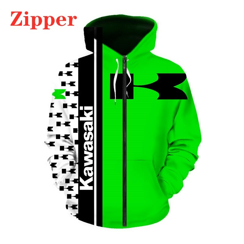 2022 New Fashion Kawasaki Logo Hoodie 3D Digital Print Men Sportswear Harajuku Casual Jacket Motorcycle Clothing Zip Green Hoodi