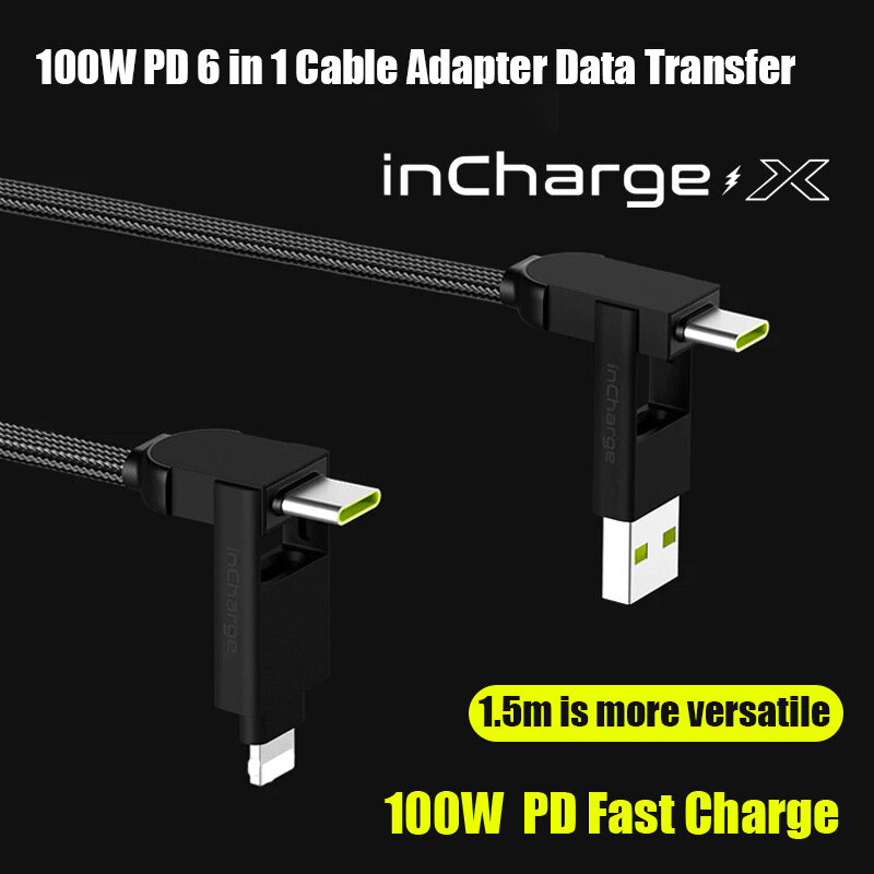Keyring Incharge X Cable Adapter 6 In1 PD 100W Data Transfer Charge untuk USB Ke USB Tipe C Lightning Micro USB Magnetic Converter