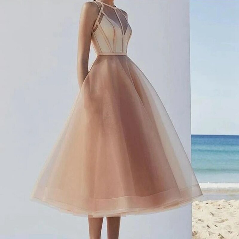 Tulle Maxi krótkie suknie balowe 2022 kobiety formalna nocna impreza Tea-Length różowe Vestidos Gala szaty bez rękawów eleganckie suknie wieczorowe
