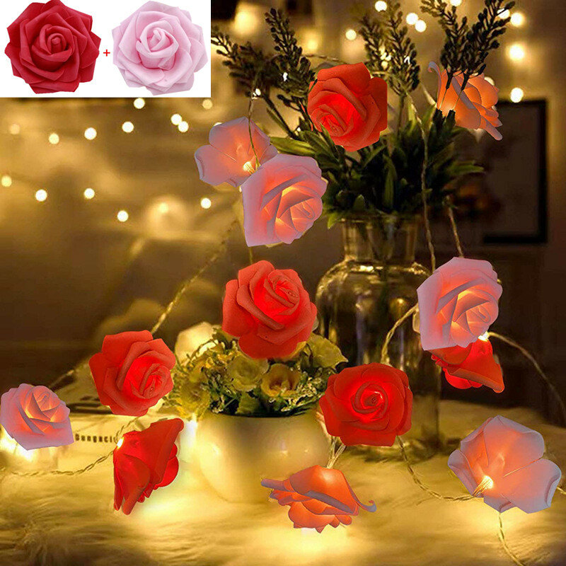 USB/Battery Operated 10/20/40 LED Artificial Rose Flower String Lights Christmas Garland for Valentine's Day Wedding Party Decor