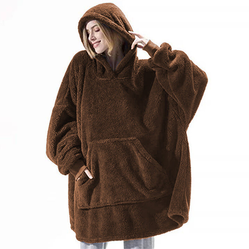 HMSU New Fleece Blanket With Sleeves Outdoor Hooded Pocket Blankets Warm Soft Hoodie Slant Robe Bathrobe Sweatshirt Pullover