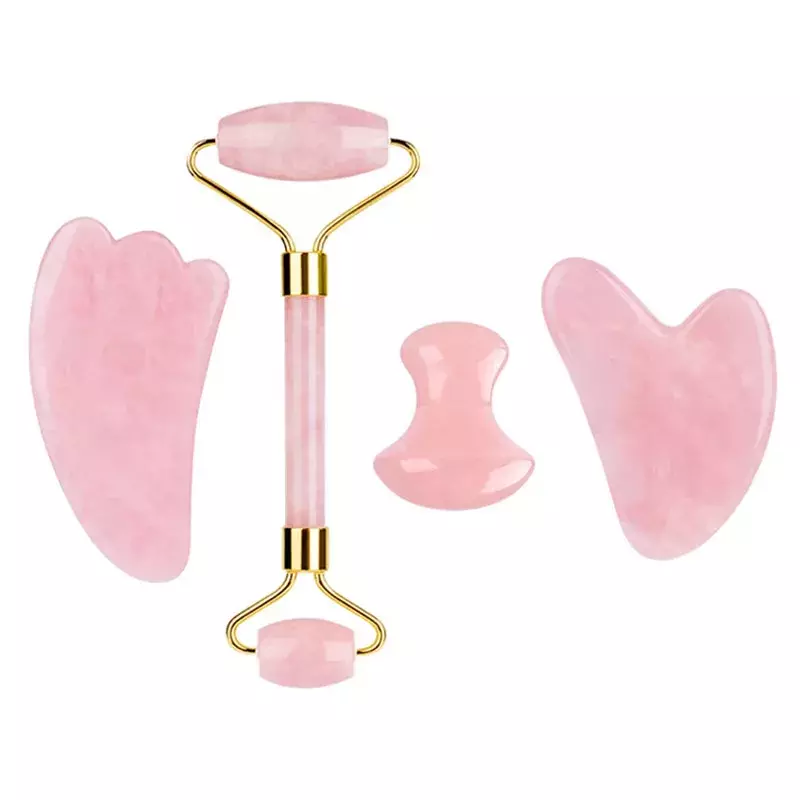 Pink Rose Quartz Jade Massager Roller Gouache Scraper Set Natural  Crystal Stone Gua Sha Board Face Roller Skin Care Beauty Tool