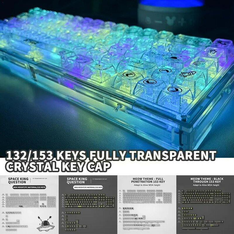 Totalmente transparente Crystal Keycap, PC retroiluminado, Perfil de jogos ABS, MDA Custom Keycaps para Alice MX Switch Mecânico E9G9, 132 Chaves, 153 Chaves