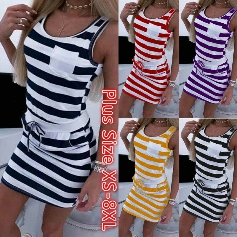 2022 Summer Women Short Sleeved Casual Sleeveless Stripe Print Straight Dress Tunic Waist Dresses