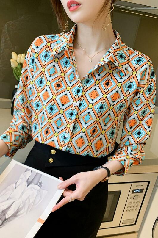 プリント長袖格子縞のシャツの女性の新秋エレガントな薄型オフィスの女性のシャツボタンアップblusas mujerデモーダ2020 veranoに