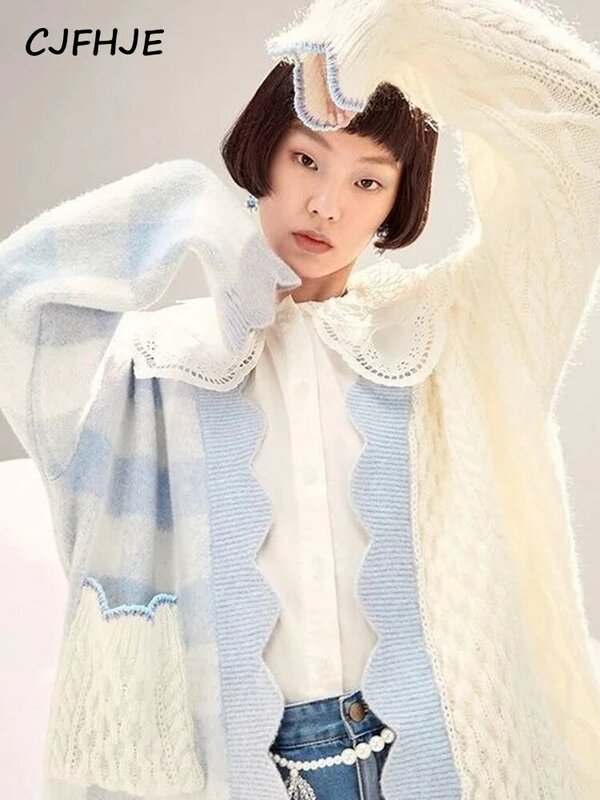 Mulheres coreano parchwork tricô camisola casaco 2022 novo outono xadrez kawaii knitted camisola cardigan feminino designer roupas de inverno