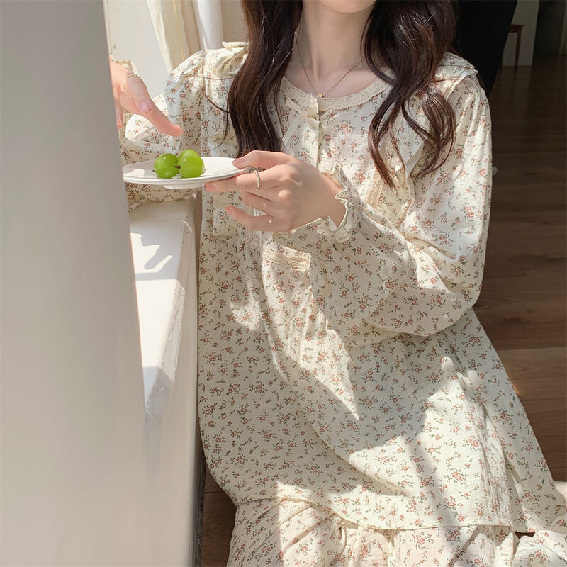 韓国の女性のナイトウェア,長袖,かわいいパジャマ,ヴィンテージの花柄,ガーゼコットン,かわいい,秋,s099