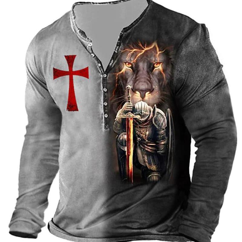 Templar Vintage Heren Katoenen T-shirt 3D Print Henry T-shirt V-hals Oversized Casual Lange Mouw Punk Knop Streetwear 5xl