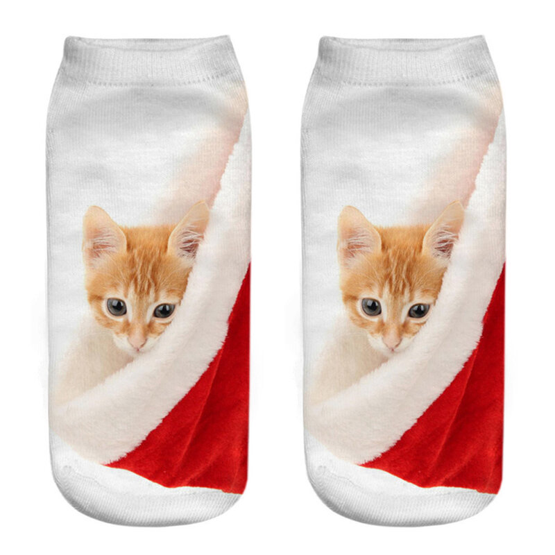 Calcetines de algodón con estampado 3D de gato y perro para mujer, calcetín divertido de Navidad, Papá Noel