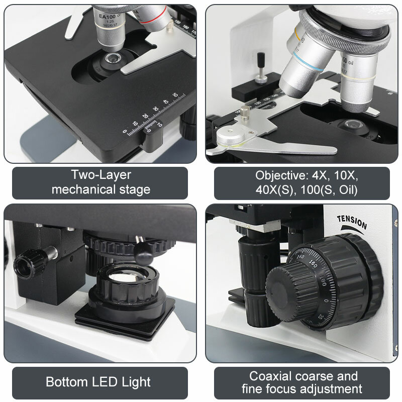 40X-1600X Lab กล้องจุลทรรศน์อุปกรณ์เสริม Monocular กล้องส่องทางไกล Trinocular กล้องจุลทรรศน์ชีวภาพ2-Layer Mechanical Stage