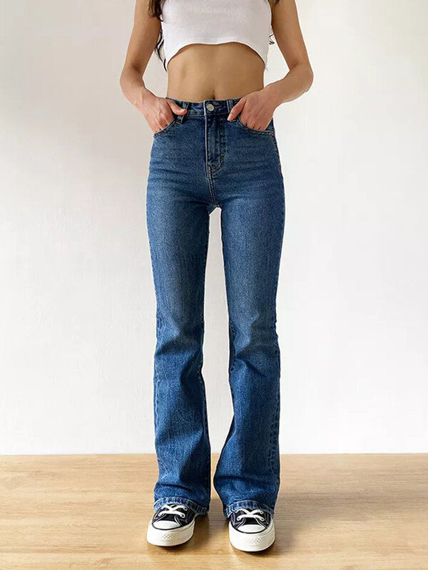 Nueva moda Bootcut Jeans Mujeres Otoño Moda Boutique Levantamiento de glúteos Pantalones de campana elásticos Y2K Streetwear Sexy Ladies Blue Cintura alta Tight Hip Slim Fit Pantalones de mezclilla acampanados