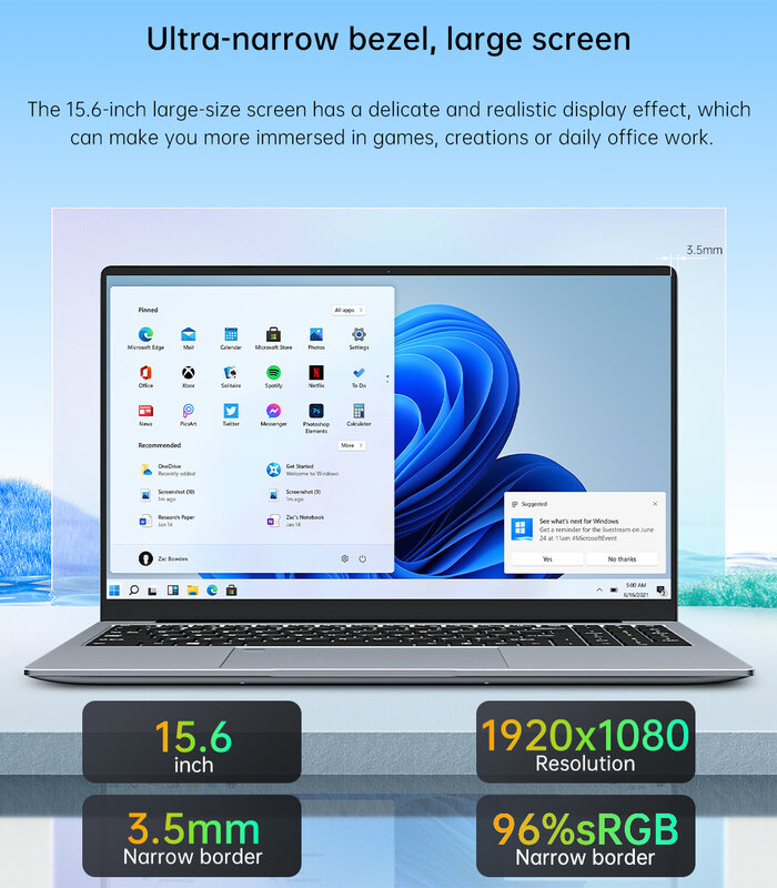 KUU G5 15.6 Inch Metal Laptop AMD Ryzen 7 5800U 16GB DDR4 512GB PCIE SSD Fingerprint Windows 11 for Programming Computer