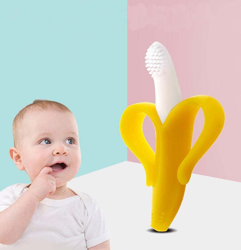 Cepillo de dientes de entrenamiento de silicona para bebé, mordedor seguro con forma de plátano, sin BPA, anillo de dentición, regalo para bebé