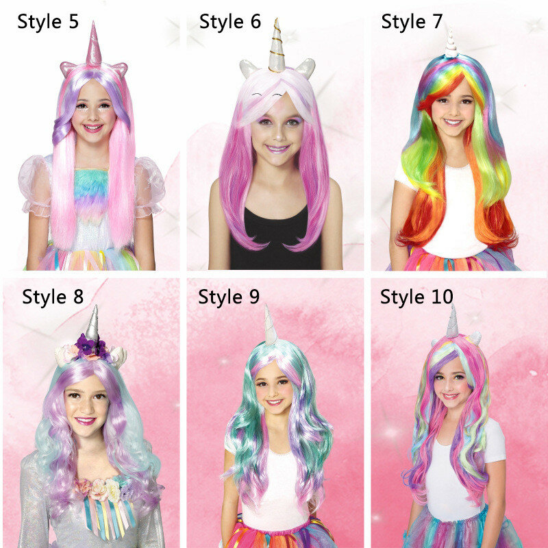 Peluca de unicornio de arcoíris para niñas y niños, pelo largo falso, accesorios de dibujos animados, regalos de unicornio