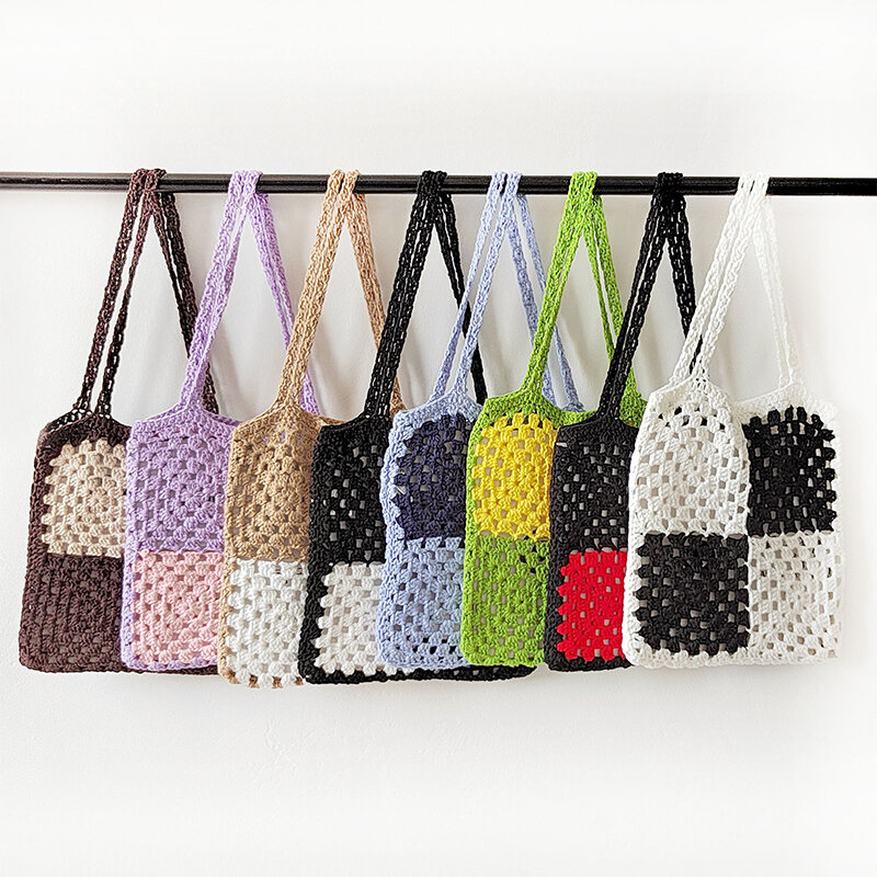 Women Shoulder Bag Casual Color Block Woven Tote Designer Hollow Crochet Soft Handbags and Purses Rope Knitting Big Shopper Bag