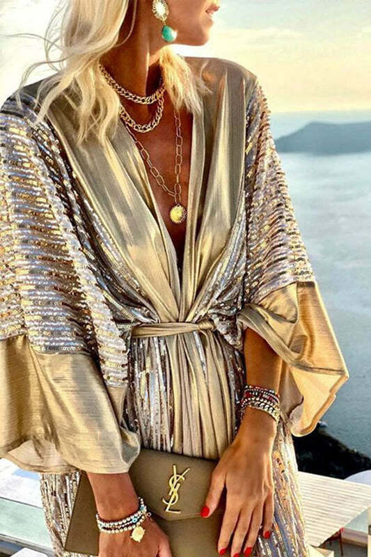 2023 Cover Up Women Bohemian Maxi Long Kimono Tunic Cape Beach Dress Fashion Vintage Sequin Sleeve Cardigan Holiday Party Gold