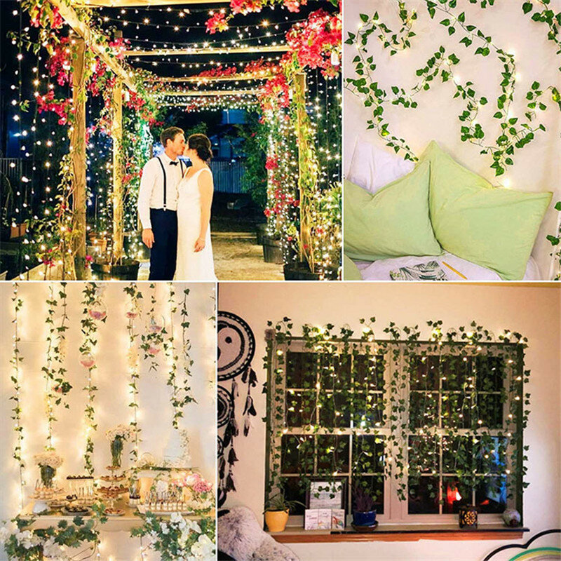 Guirnalda de luces Led de hojas artificiales para decoración del hogar, guirnalda de luces navideñas para decoración de jardín y habitación de boda