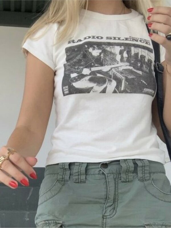 90S 빈티지 클래식 록 그래픽 티 셔츠 여성 캐주얼 라운드 넥 짧은 소매 코튼 T 셔츠 여름 섹시 슬림 Y2k 탑스 세련된