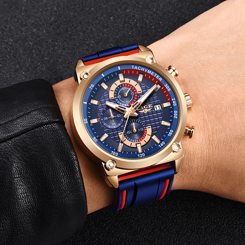 LIGE jam tangan kuarsa olahraga pria, arloji merek Top mewah kronograf silikon + kotak