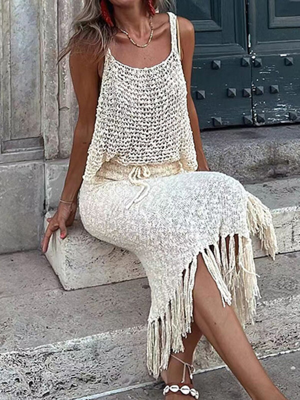 Two Piece Sets Knitted Camisole Blouse Tassel Skirts Women Sexy See Through Summer Mesh Beach Dress Suits Hollow Out Sling Tops