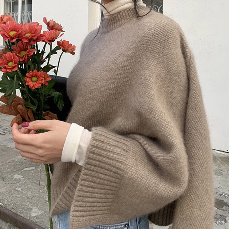 2022 Pulover Wanita Cantik Korea Musim Gugur Sweter Selendang Lengan Panjang Warna Longgar Pulover Serbaguna Leher Bulat Sweter Wanita