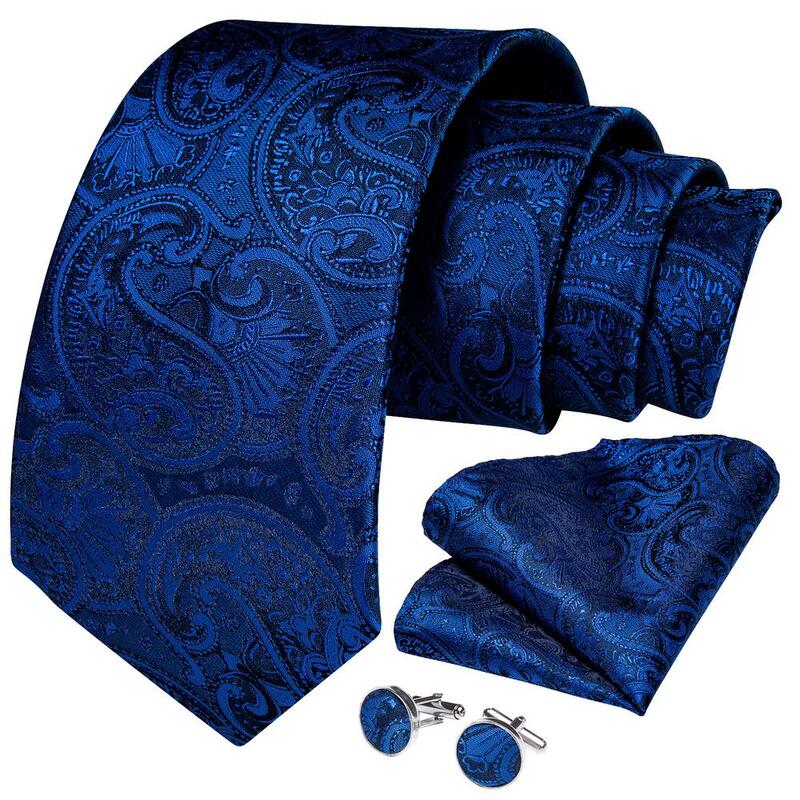 Royal Blue Paisley Silk Wedding Tie For Men Handky Cufflink Men Necktie With Collar Pin Business Party Dropship Hi-Tie Designer