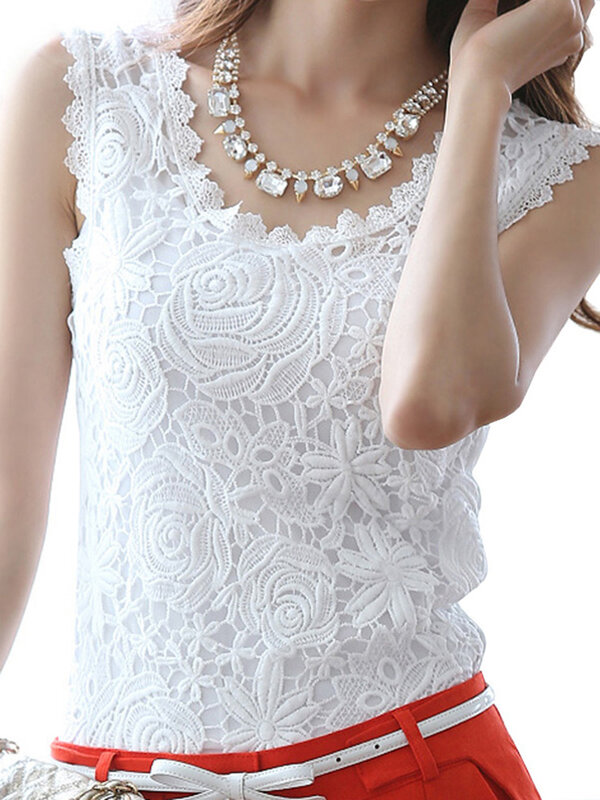 CHSDCSI-Blusa de encaje para mujer, camisa blanca sin mangas, informal, color negro