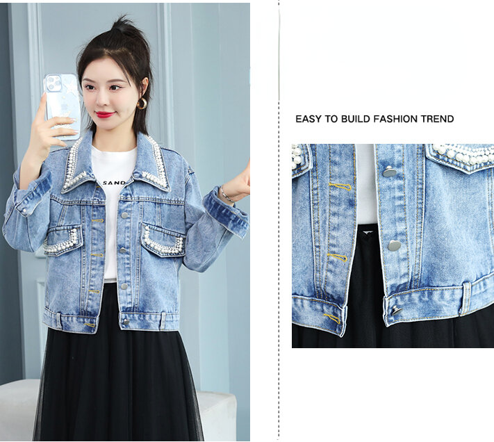 Jaqueta jeans feminina primavera e outono nova moda solta versão coreana pequeno curto grampo pérola denim 661b, 630-5