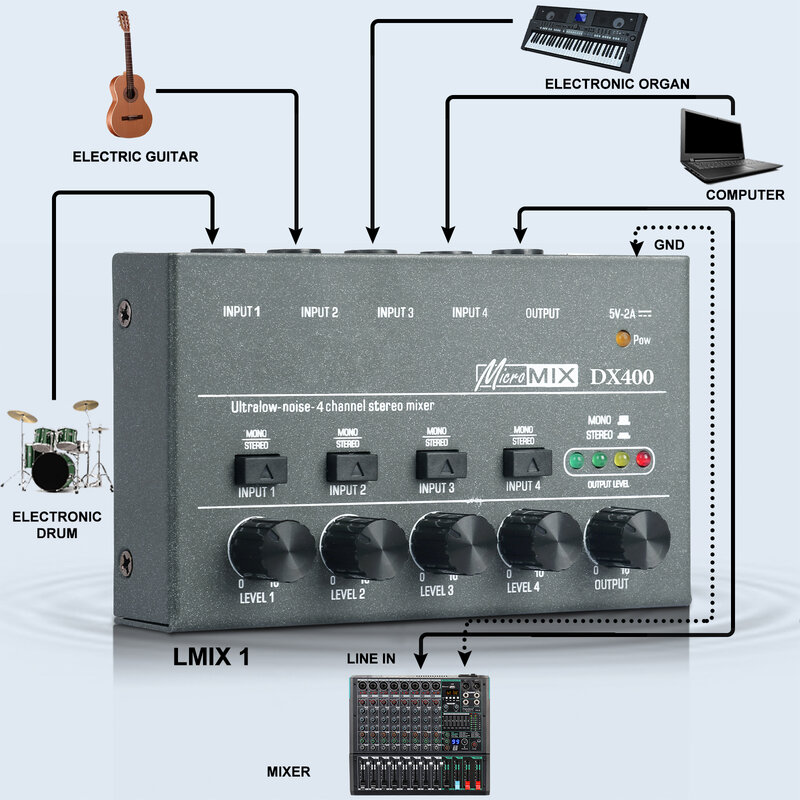 DX400 4-قناة صغيرة منخفضة الضوضاء خلاط المدمجة المهنية KTV خلاط لأنواع الآلات الموسيقية