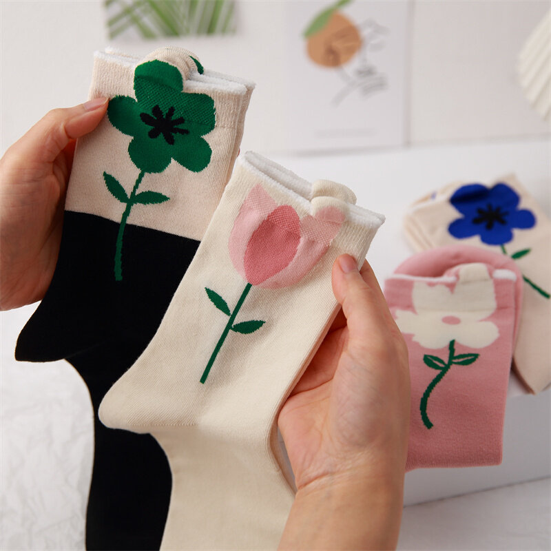 Calcetines de algodón con flores para mujer, medias de tubo medio, transpirables, de alta calidad, informales, Kawaii, primavera y verano, novedad
