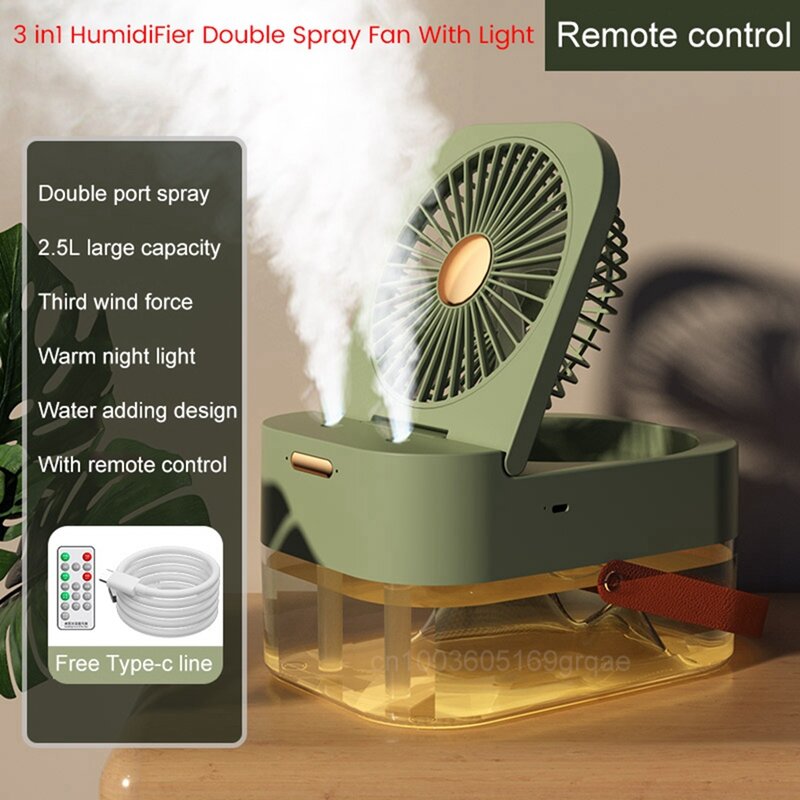 Humidificador 3 en 1, ventilador de pulverización doble, Enfriador de aire portátil, Humidificador USB, lámpara de escritorio para verano, ventilador de hidratación