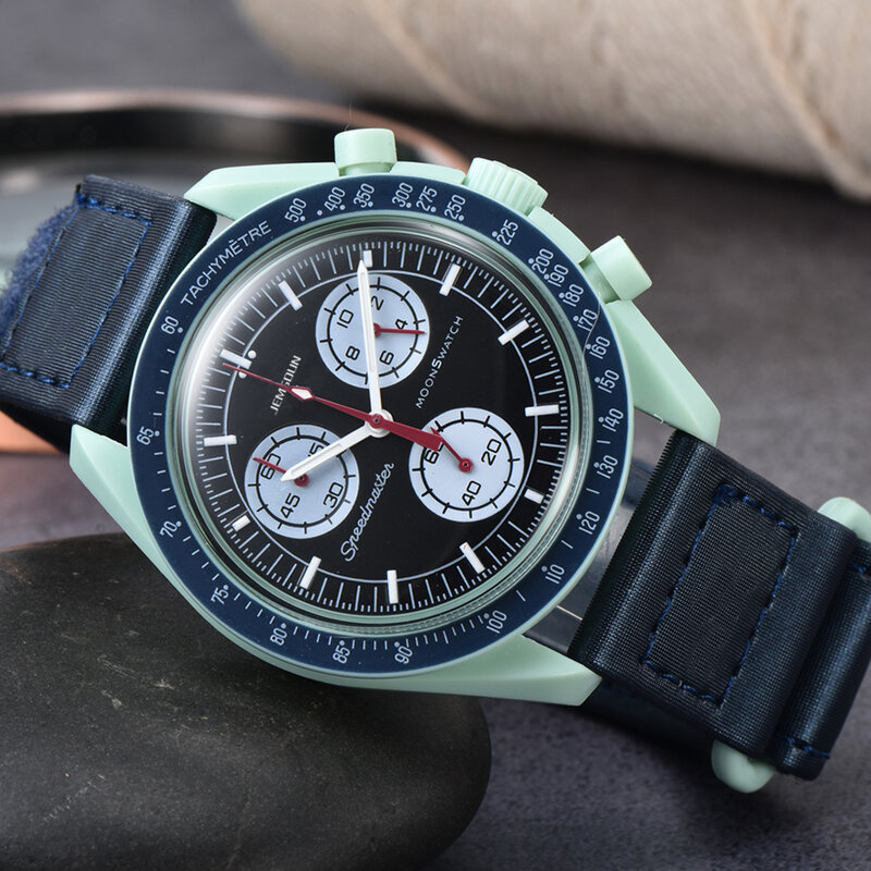 Nowe gorące oryginalne marki zegarków kwarcowych wielofunkcyjna obudowa z tworzywa sztucznego Moonwatch dla mężczyzn panie Chronograph poznaj planety AAA zegary