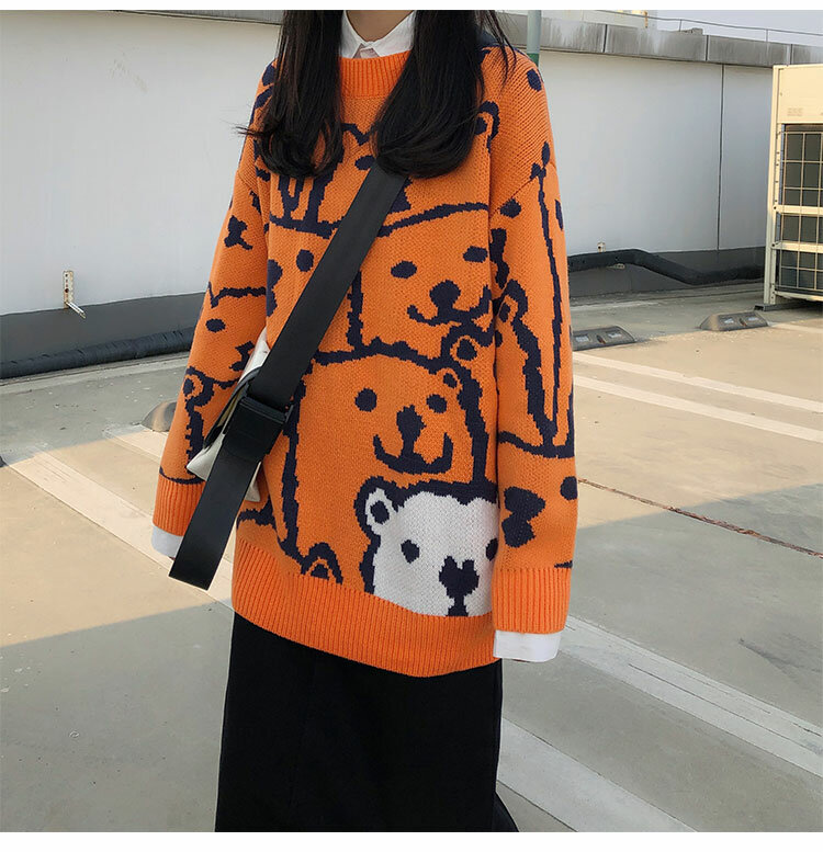 لطيف الكرتون سترة فضفاضة عادية المرأة الشتاء موضة Harajuku خمر كم طويل البرتقال متماسكة البلوز