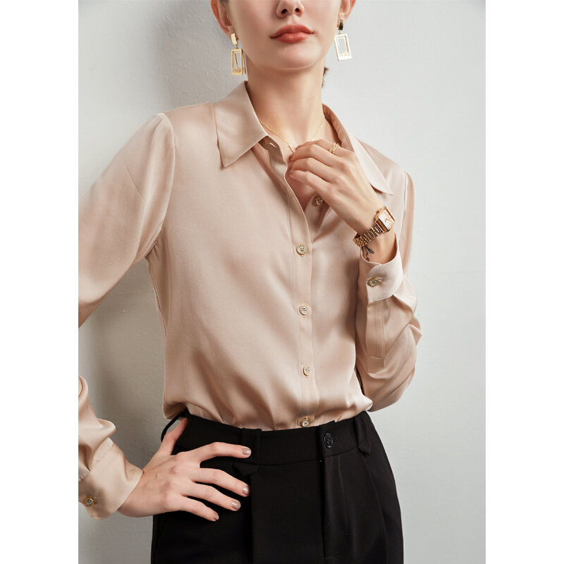 Kobiety prawdziwy jedwab koszula z długim rękawem 92% satyna jedwabna skręcić w dół kołnierz jednokolorowa bluza wiosna jesień biuro Chic Temperament elegancki Top